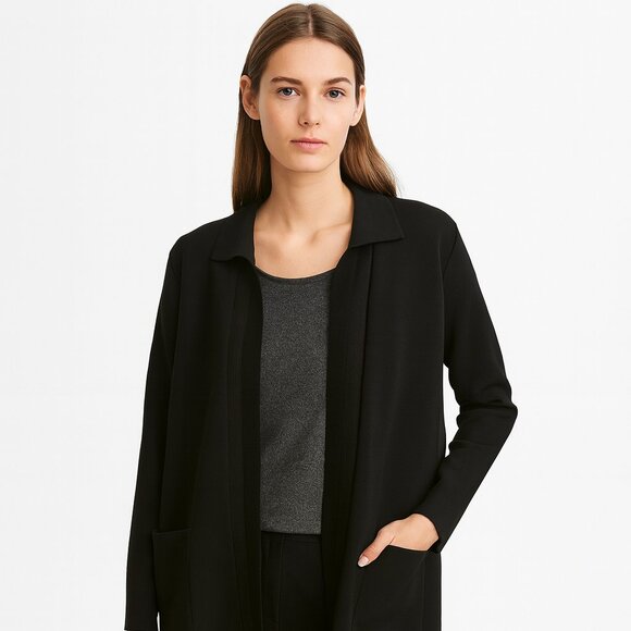 Misook Black Acrylic Pockets Open Front Cardigan Sweater Jacket Women’s Size L - Picture 2 of 8